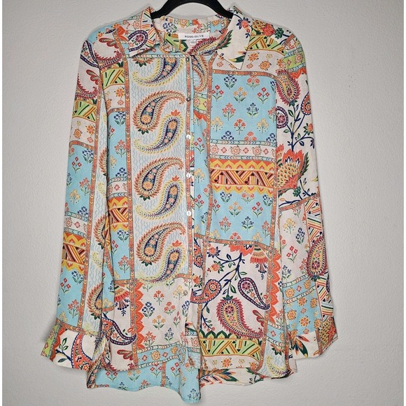 Rose & Olive Tops - Rose and Olive Top Womens Large Blue Orange Mixed Paisley‎ Button Up Flowy Shirt